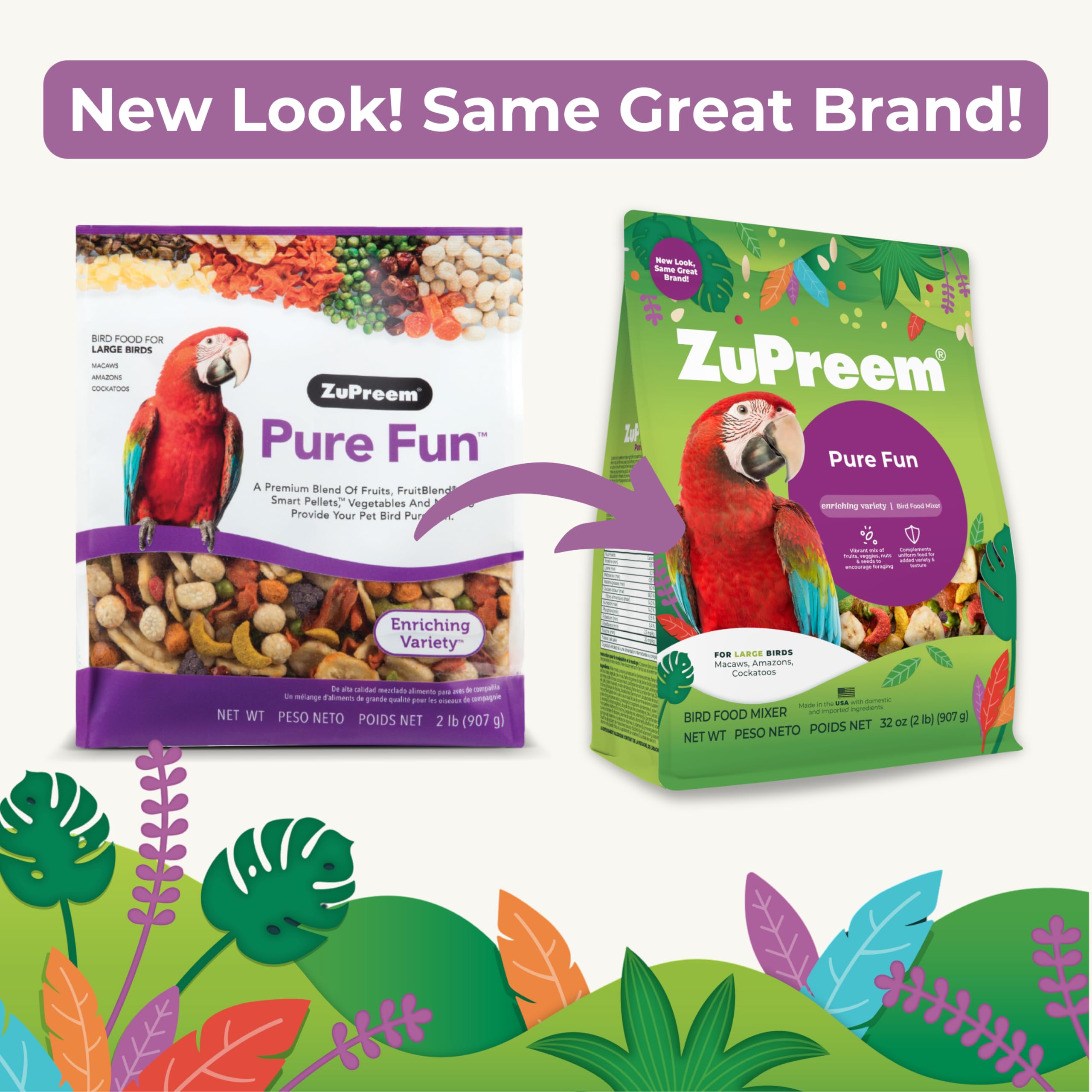 ZuPreem Pure Fun: pellets FruitBlend para aves grandes, promueven variedad y estimulación diaria.