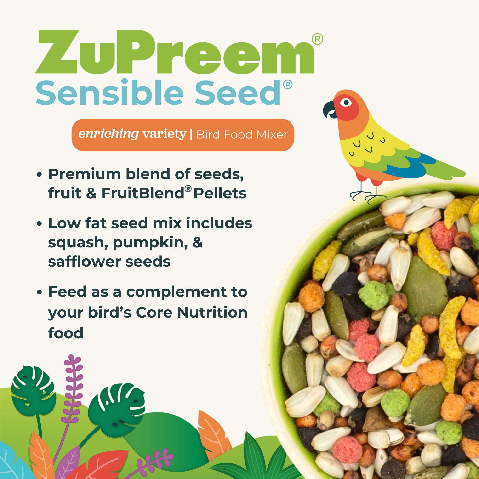 ZuPreem Sensible Seed bolsa fresca que mantiene vitaminas para aves.