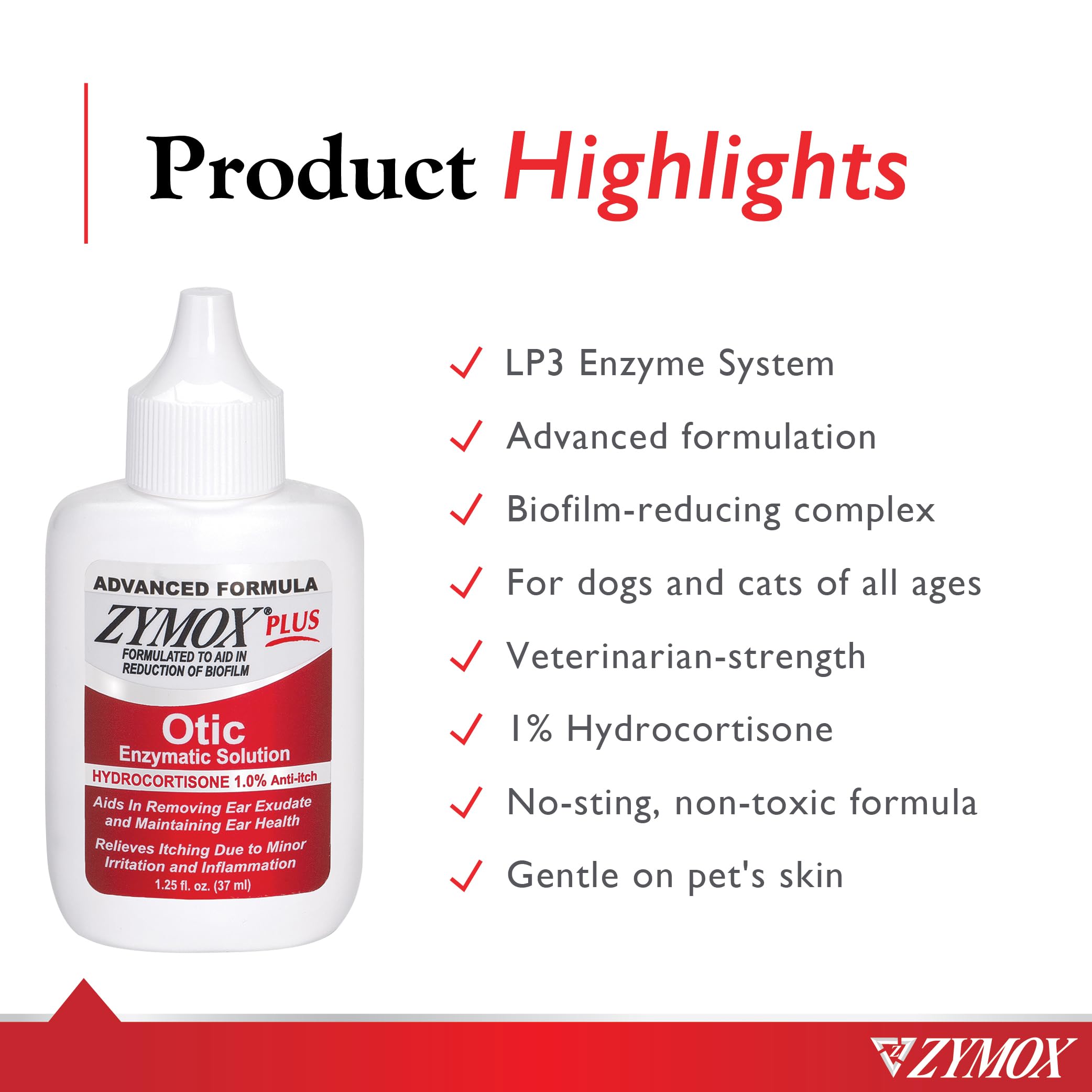 Zymox Advanced Formula Otic Plus ayuda a limpiar exudado y biofilm en oídos.