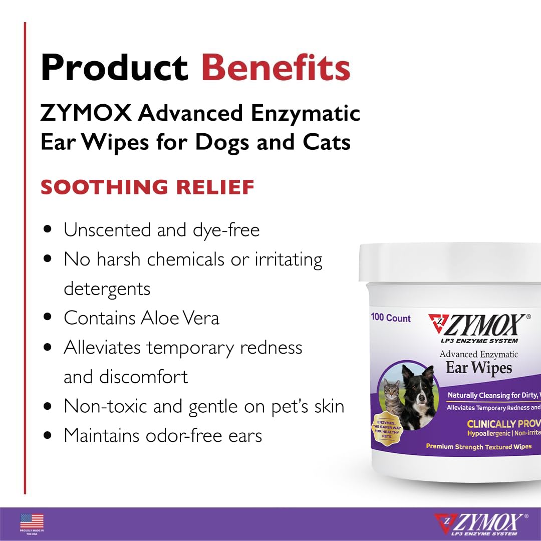 Zymox envase 100 unidades, opción práctica para limpieza regular de orejas.