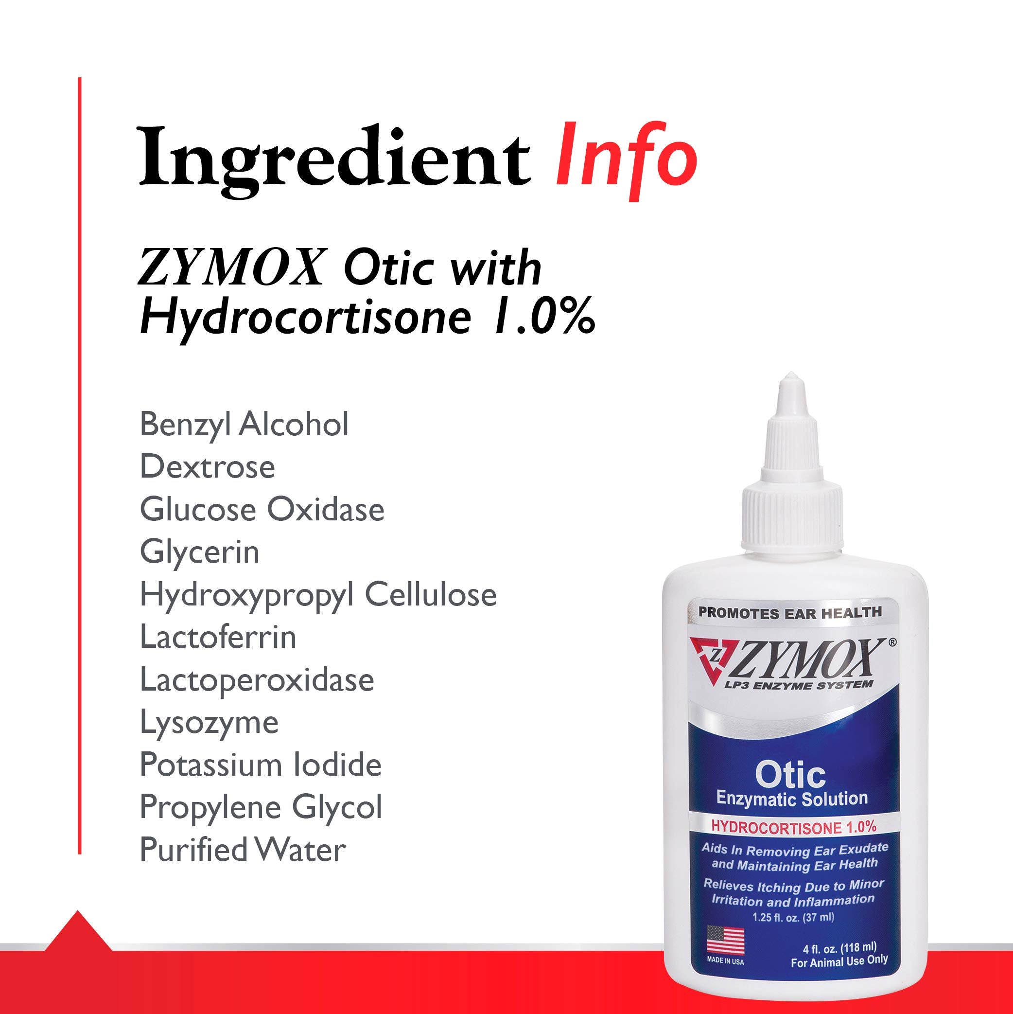 Etiqueta de Zymox Otic mostrando 1% de hidrocortisona para alivio del picor.